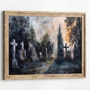 Moody Graveyard  Dark aesthetics Painting Goth Landscape Dark Academia Art print Gothic Home décor cemetery Art Print halloween