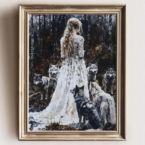 Wolf Forest Art Print - Mystical Woman with Wolves Wall Decor - Enchanted Woodland Gothic Aesthetic Poster
