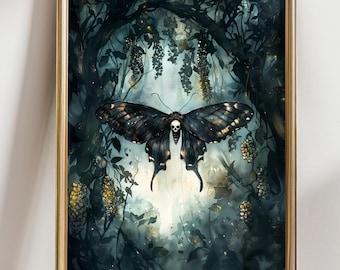 Dark Forest Moth Wall Art, Gothic Home Decor Print, Mystical Insect Poster