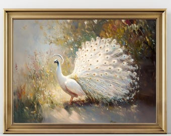White Peacock Wall Art Print, Elegant Bird Painting, Romantic Garden Decor, Luxury Nature Artwork