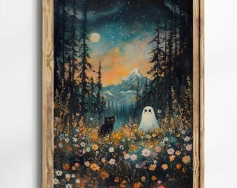 Halloween Wall Art Print: Ghost and Cat in Wildflower Meadow - Whimsical Fall Decor