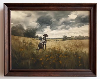 Moody Dark Wildflower German Shorthaired Pointer Dog Print Vintage Wildflower Painting Wall Art Print Floral Cottagecore Landscape Farmhouse