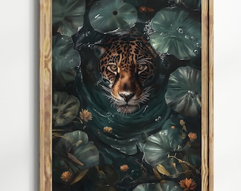 Leopard Swimming Wall Art, Dark Fantasy Animal Print, Moody Wildlife Poster