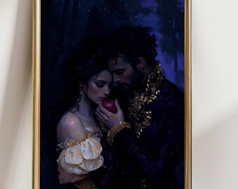 Romantic Dark Fantasy Couple Art Print | Enchanted Lovers Holding Apple | Gothic Fairytale Wall Decor | Moody Midnight Romance Painting