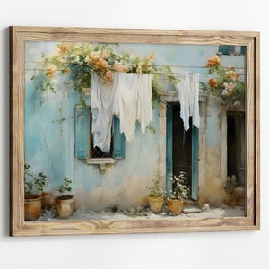 Laundry on a line Matte Horizontal Posters Laundry Room Art Vintage Cottagecore Garden Painting Print farmhouse wall decor country art print