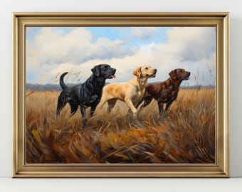Labrador Retriever Trio Art Print Black, Yellow & Chocolate Labs in Field, Hunting Dog Wall Decor, Rustic Pet Lover Home Artwork