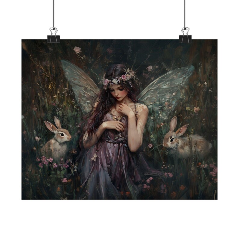 Enchanted Fairy Wall Art Print, Mystical Woodland Elf with Rabbits, Fantasy Nature Artwork, Whimsical Magical Home Decor image 6