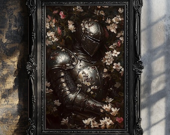 Medieval Knight Floral Art Print, Knightcore Fantasy Art, Fantasy Maximalist Decor, Dark Academia Print, Goth Moody Victorian Wall Art