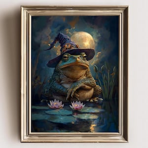 May include: A green toad wearing a blue and purple wizard hat sits on lily pads in a pond under a full moon. The toad has a serious expression and is holding its arms crossed.