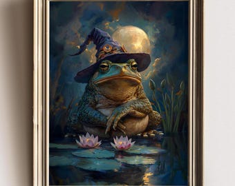 Wizard Toad Art Halloween Print, Witchy decor, Dark Gothic Artwork Full Moon Night Sky, Witch Frog Witchcraft, Dark Academia Halloween Decor