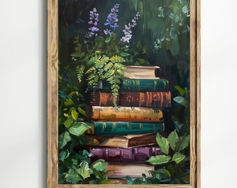 May include: A framed painting depicts a stack of vintage books surrounded by lush greenery and purple and white flowers. The books are in various colors, including brown, green, and purple. The artwork has a natural, botanical theme.