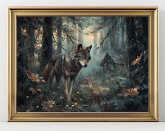 Wolf Forest Wall Art, Artistic Nature Print, Dark Fantasy Wolf Poster