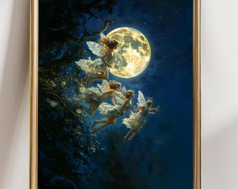 Fairies Celestial Wall Art, Fae Witchy Moody Home Decor, Dark Art Cottagecore, Whimsical Wall Art, Woodland Fairies Painting, Fairy Dance
