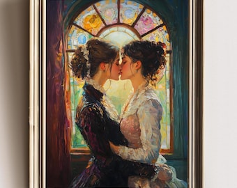 Girlfriends, Dark Academia Print Goth Moody Victorian Lesbian Wall Art, Dark Decor Aesthetic, Dark Cottagecore, Gothic Prints painting wlw