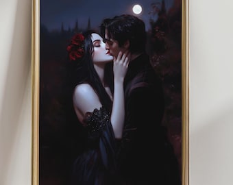 May include: A framed print depicts a romantic scene of a couple kissing under a full moon. The woman wears a black dress and a red rose in her hair. The artwork has a dark, gothic aesthetic with a gold frame.