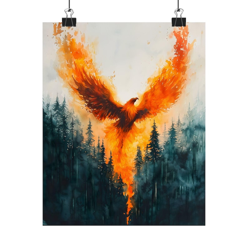 Phoenix Rising Wall Art, Dark Forest Fire Bird Print, Fantasy Mythical Poster image 5