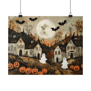 Halloween Town Folk Art Print Halloween Ghost Wall Art, Halloween ...