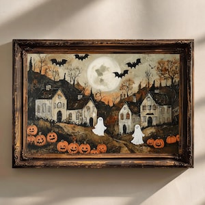 Halloween Town Folk Art Print Halloween Ghost Wall Art, Halloween Pumpkin Vintage Art Halloween Decor For Home Moody Halloween Poster