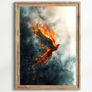 Moody Fire Phoenix Watercolor Art  Poster Print fantasy art Phoenix Firebird Fantasy Painting, Watercolor illustration Dark Academia