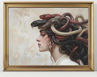 May include: A framed painting depicts a woman in profile with snakes for hair. The snakes are various colors, including red, black, and brown. The woman has pale skin and is wearing a white garment. The frame is gold.