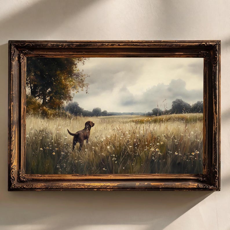 Moody Dark Wildflower Chocolate labrador Dog Print Vintage Wildflower Painting Wall Art choclate lab decor Landscape Farmhouse
