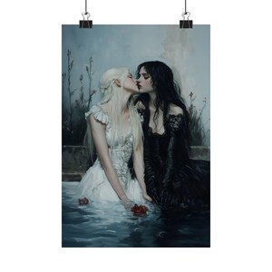Dark and Light Gothic Romance Art – Lesbian Couple Print, Fantasy Love Painting, Witches in Water wlw Decor Bild 5