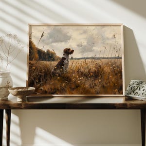 Vintage Wirehair Pointing Griffon Dog Landscape Wall Art Poster, Horizontal Print, Home Decor Gift, Rustic Hunting Art, Cabin Decor