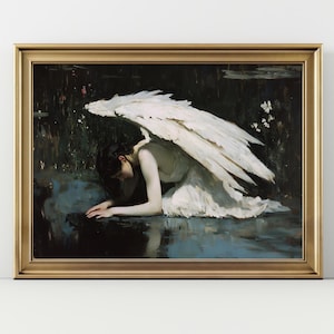 Fallen Angel Art Print – Melancholy Winged Woman in Reflection, Gothic Angel Wall Art, Ethereal Sadness Fantasy Decor