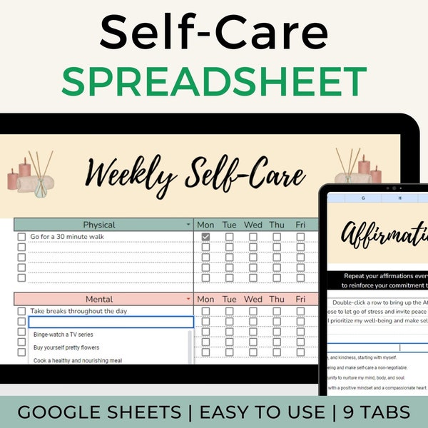 Self Care Spreadsheet, Affirmations, Gratitude Journal, Bingo Game, Trackers, Google Sheets