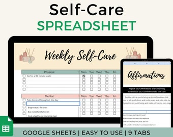 Self Care Spreadsheet, Affirmations, Gratitude Journal, Bingo Game, Trackers, Google Sheets