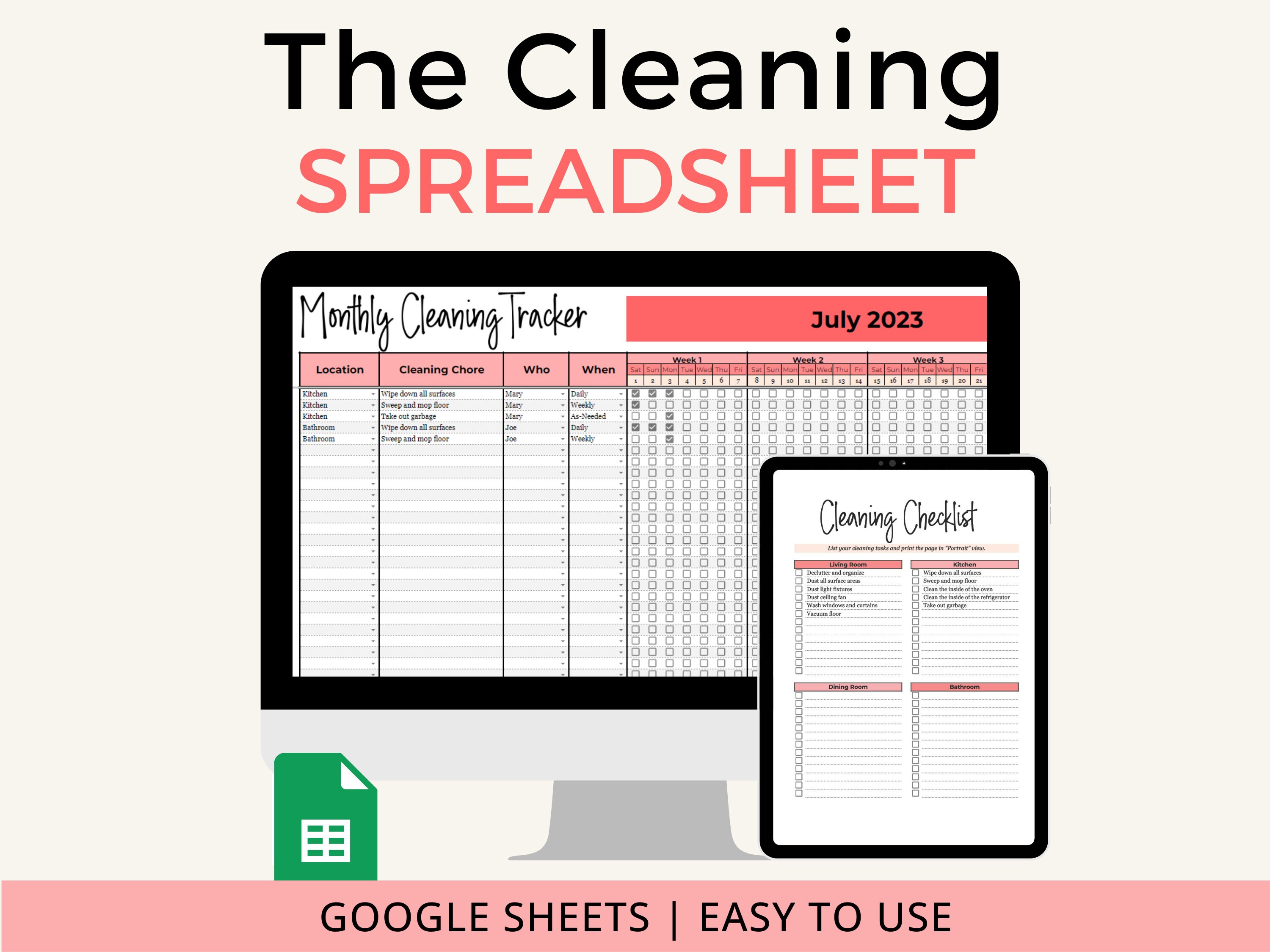 Cleaning Checklist Spreadsheet, Home Cleaning Schedule, Google Sheets ...