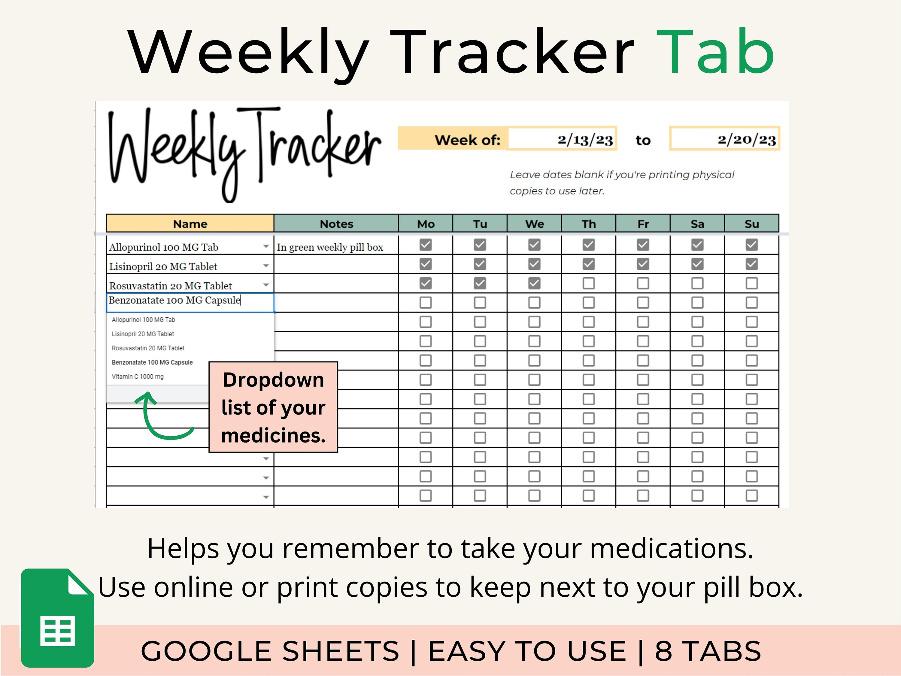 Medication Tracker Google Sheets Template, Medicine Tracker Spreadsheet