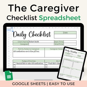 Caregiver Checklist Spreadsheet Template, Caregiver Log Google Sheets Editable Template, Elderly Care Daily Checklist