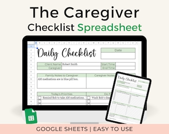 Caregiver Checklist Spreadsheet Template, Caregiver Log Google Sheets Editable Template, Elderly Care Daily Checklist