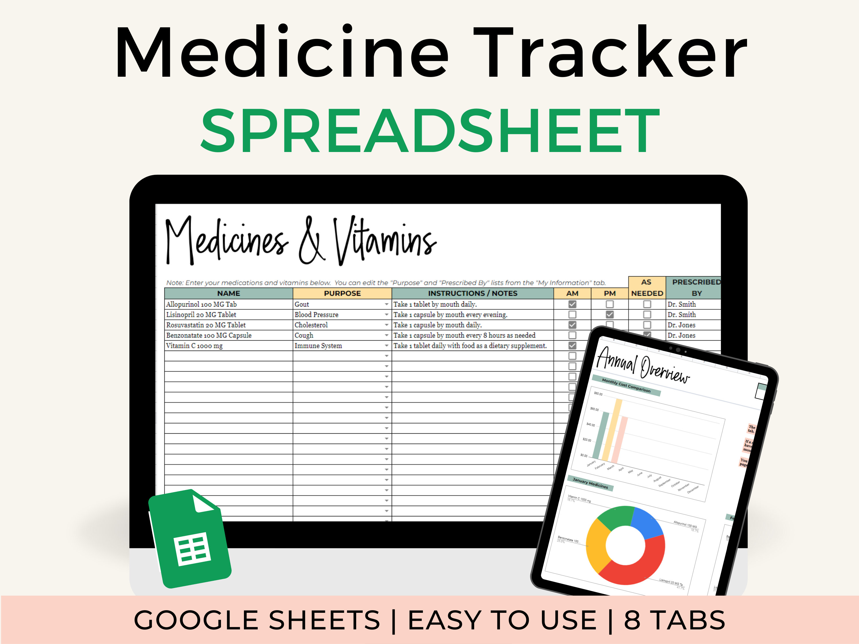 Medication Tracker Google Sheets Template, Medicine Tracker Spreadsheet for Caregiver, Instant Download