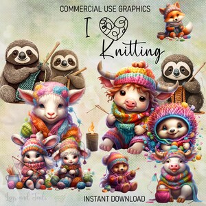 Cute Little Animals Knitting, 50 PNG images, Nursery Art, Knitting clipart, Crafters Graphic PNGs, Knitting Lover Art, Knits Wall Art Decor