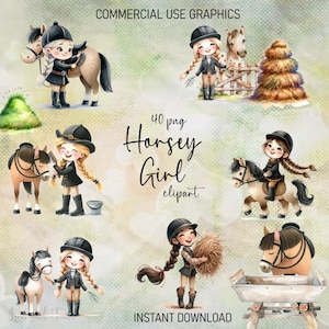 Horsey Girl Clipart – 40 PNGs | Cute Equestrian Girl Graphics | Horse Riding Illustrations for Kids | Nursery Wall Art | Commercial Use