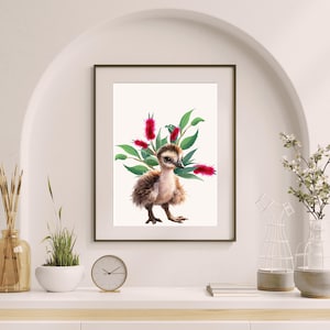 Niedliches Emu, Australisches Clipart, Ureinwohner Tier, kleines Tier Kunstdruck, australische Flaschenbürste Blumenkunst, Wandkunst Grafik, niedliches Tier Art