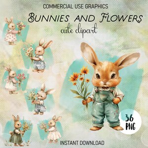 Bunny Flower Clipart: Nursery Art PNG Images (Digital Download)