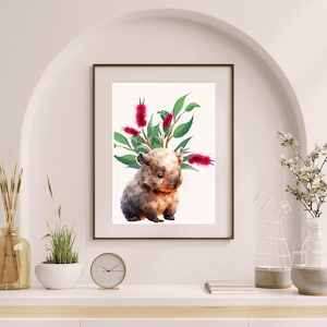 Cute Wombat, Australian Clipart, Native Animal, Small Animal Art Print, Australian Bottle Brush Floral, Wall Art Graphic, Cute Animal Art