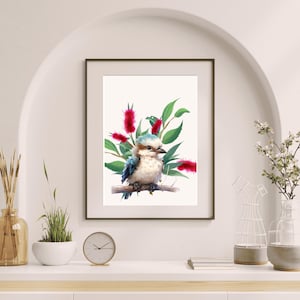 Kookaburra Art Print: Australian Native Animal & Bottle Brush Floral (Digital PNG File 5000x5000px)