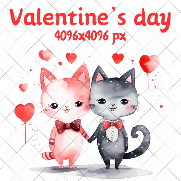 Cute  watercolor cat couple - cat in love - valentine's day cat - baby cat