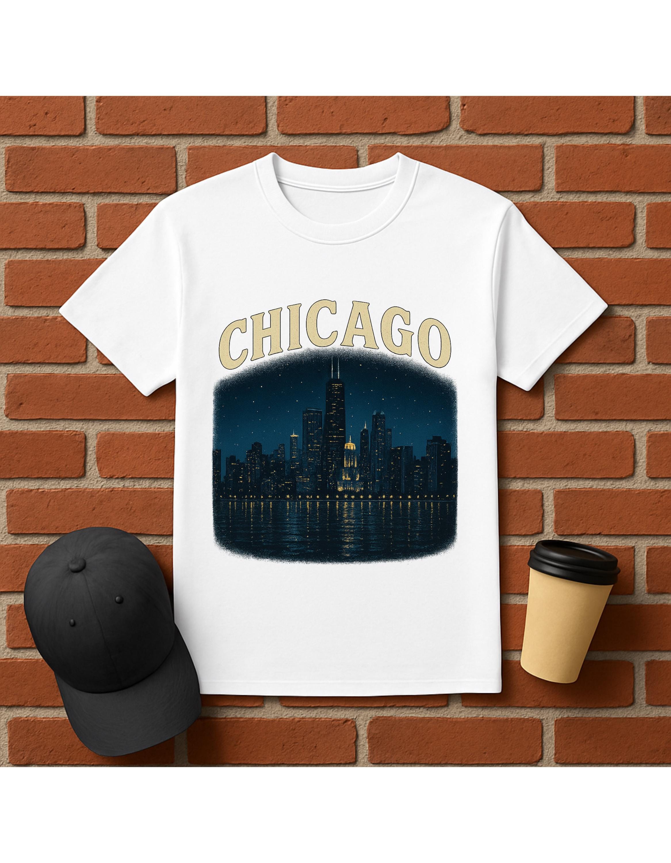 Chicago Night Skyline T-Shirt Design – Digital PNG for Sublimation & DTF Printing, Transparent Background