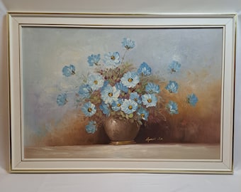 Rare Vintage 40.5"x28" Artist Signed Robert Cox Blue And White Flowers Oil On Canvas In A White And Gold Trim Wood Frame Collectible.