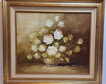 Vintage 31.5"x27.5" Artist Signed Robert Cox Still Life With Roses Oil On Canvas Painting With Beautiful Golden Wood Frame Collectible.