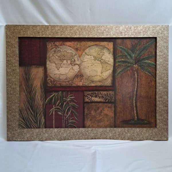 41.5"x30" Artist Signed C. Winterle Olson "Paradise Found II" Old World Map Textured Art With Latin Words In A Gorgeous Frame Collectible.