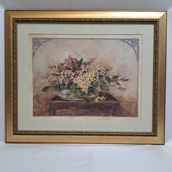 Vintage 23.5"x19.5" Artist Signed C. Winterle Olson Jar Of Flowers Lithograph Painting In A Gorgeous Gold Frame Collectible.