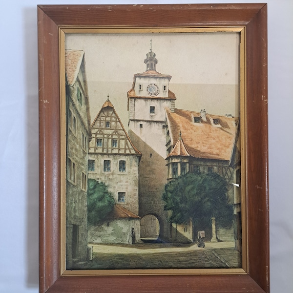 Vintage 14,5 "x 18,5" Künstler Ernst Geissendorfer "Rothenburg Uhrenturm" Farbradierung Mit Vintage Holzrahmen Sammlerstück.