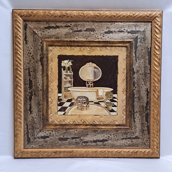 Vintage 22"x22" Artist Signed C. Winterle Olson "Maison Bath III" Textured Painting In A Unique Multi-Layered Frame Collectible.
