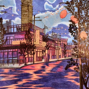 May include: A colorful illustration of a city street at night with a tall building, streetlights, and red lanterns. The street is reflected in the water below.